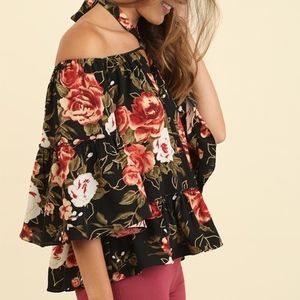 Bella Floral Printed Rib Collared Top